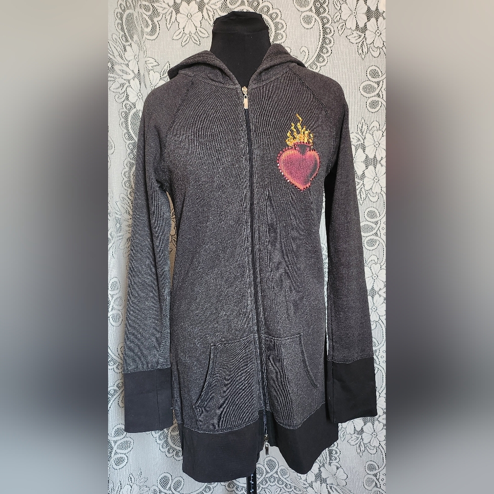 Anhk Royalty - Rhinestone Flame Heart Long Sleeve Hooded Zipup Cardigan - (L)